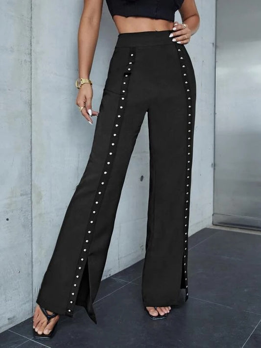 CM-BS111751 Women Elegant Seoul Style Studded Detail Split Hem Pants - Black