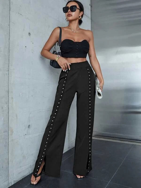 CM-BS111751 Women Elegant Seoul Style Studded Detail Split Hem Pants - Black