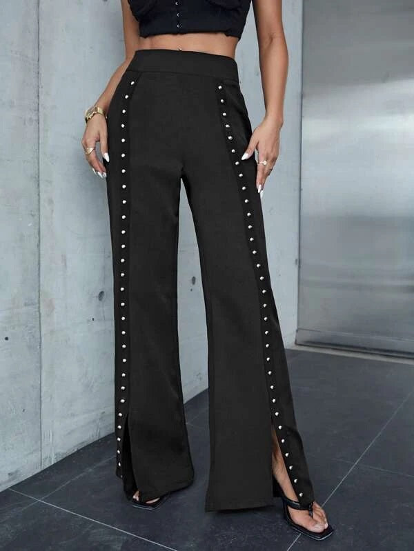 CM-BS111751 Women Elegant Seoul Style Studded Detail Split Hem Pants - Black