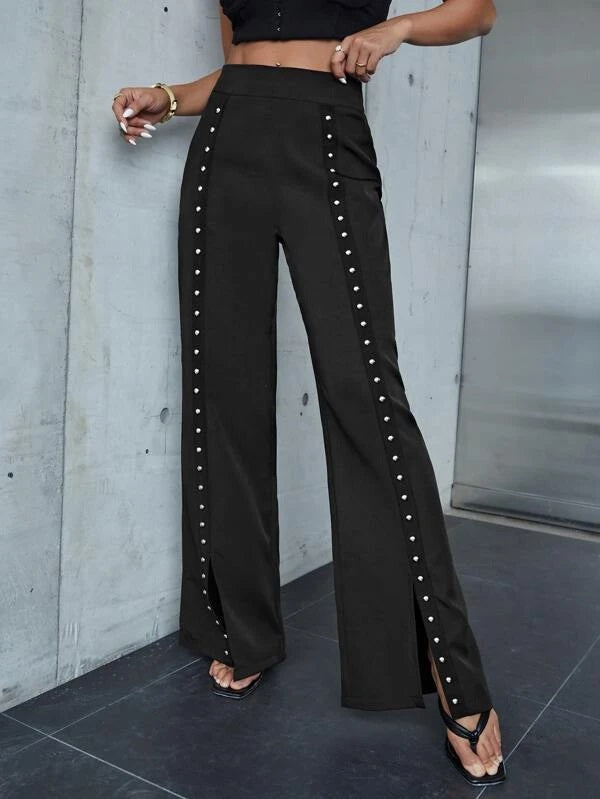 CM-BS111751 Women Elegant Seoul Style Studded Detail Split Hem Pants - Black