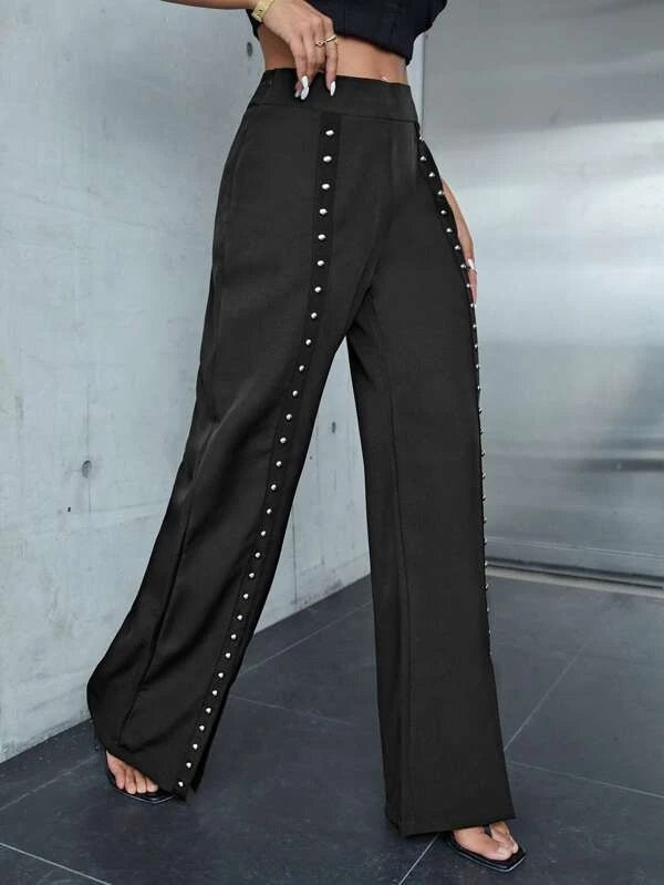 CM-BS111751 Women Elegant Seoul Style Studded Detail Split Hem Pants - Black