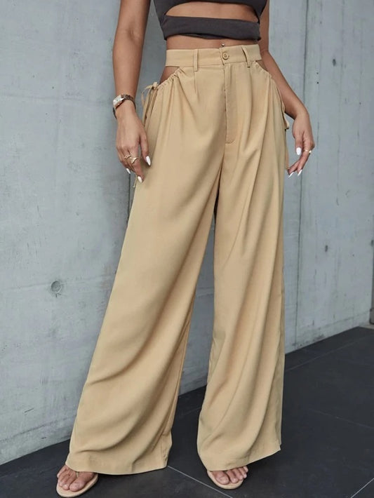 CM-BS380876 Women Casual Seoul Style Cut Out Waist Wide Leg Pants - Khaki