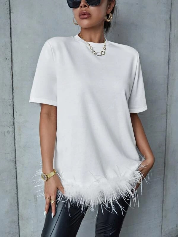 CM-TS393393 Women Elegant Seoul Style Round Neck Fuzzy Trim Solid Tee - White