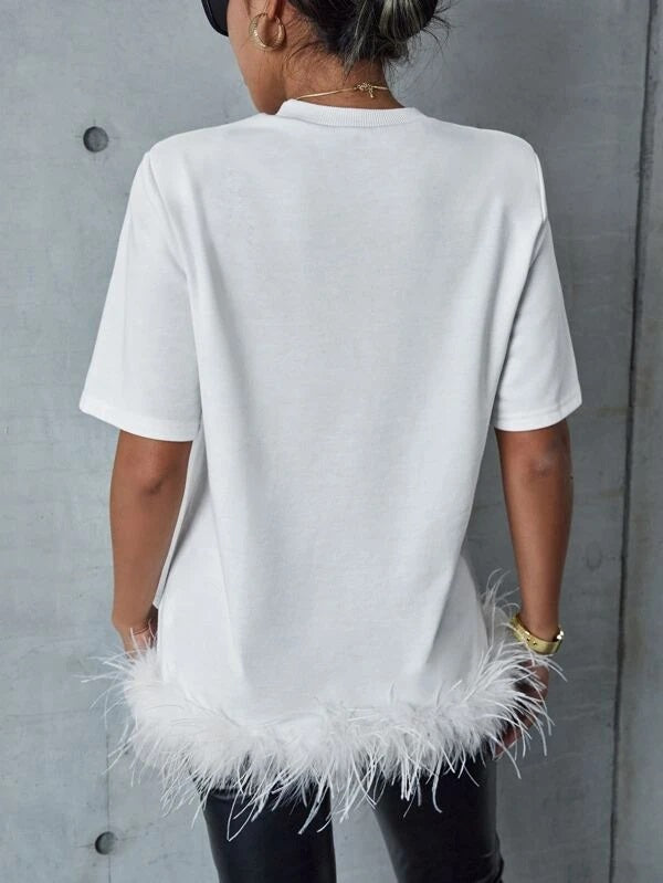 CM-TS393393 Women Elegant Seoul Style Round Neck Fuzzy Trim Solid Tee - White