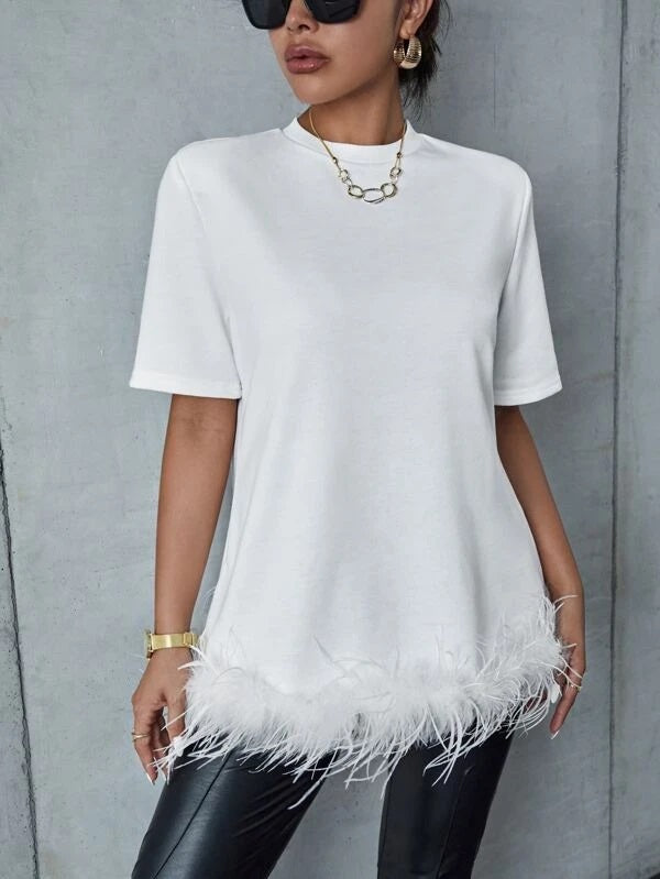 CM-TS393393 Women Elegant Seoul Style Round Neck Fuzzy Trim Solid Tee - White