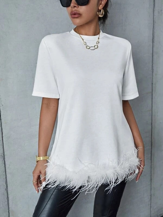 CM-TS393393 Women Elegant Seoul Style Round Neck Fuzzy Trim Solid Tee - White