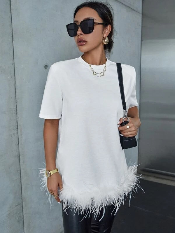 CM-TS393393 Women Elegant Seoul Style Round Neck Fuzzy Trim Solid Tee - White