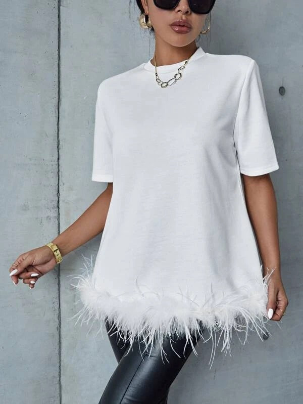 CM-TS393393 Women Elegant Seoul Style Round Neck Fuzzy Trim Solid Tee - White