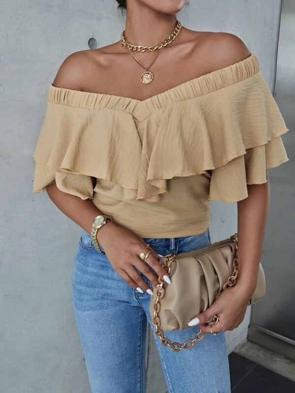 CM-TS735346 Women Casual Seoul Style Off The Shoulder Ruffle Trim Top - Khaki