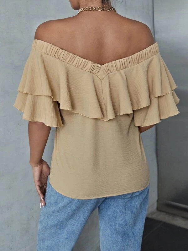 CM-TS735346 Women Casual Seoul Style Off The Shoulder Ruffle Trim Top - Khaki