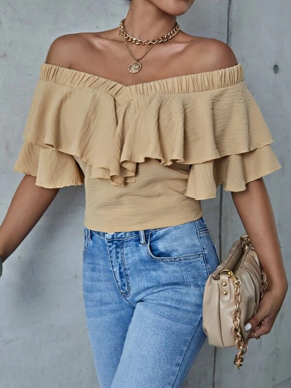 CM-TS735346 Women Casual Seoul Style Off The Shoulder Ruffle Trim Top - Khaki