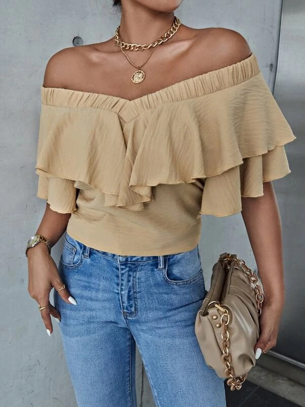 CM-TS735346 Women Casual Seoul Style Off The Shoulder Ruffle Trim Top - Khaki