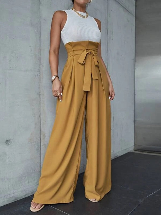 CM-BS878839 Women Elegant Seoul Style Paperbag Waist Wide Leg Pants - Khaki