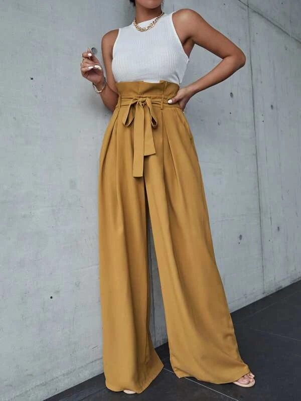 CM-BS878839 Women Elegant Seoul Style Paperbag Waist Wide Leg Pants - Khaki