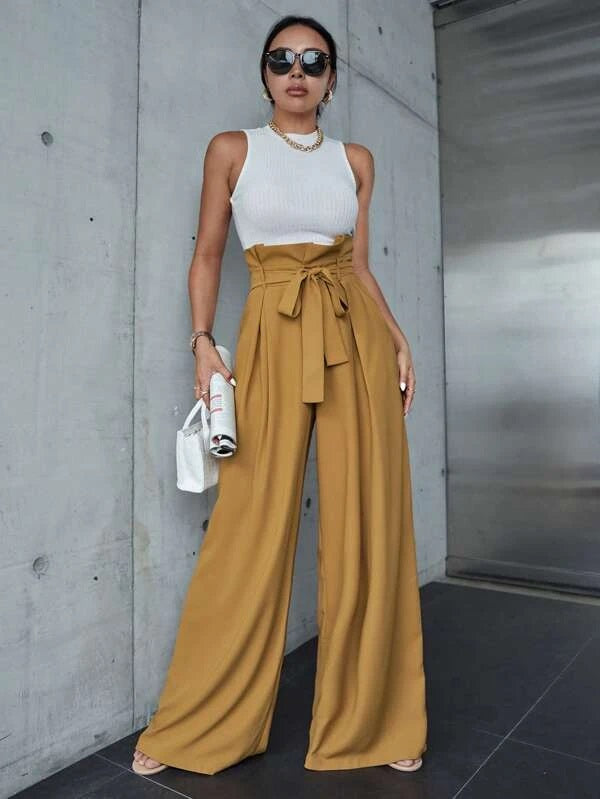 CM-BS878839 Women Elegant Seoul Style Paperbag Waist Wide Leg Pants - Khaki