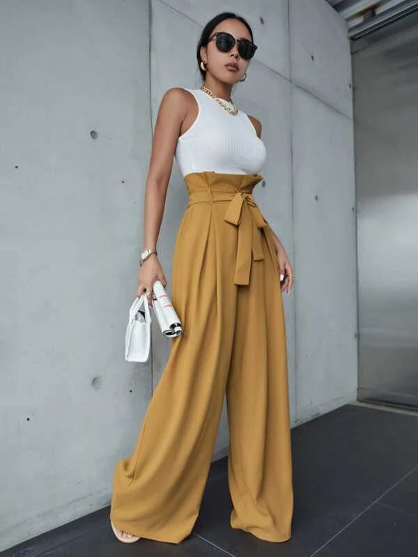 CM-BS878839 Women Elegant Seoul Style Paperbag Waist Wide Leg Pants - Khaki