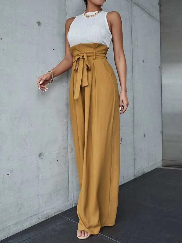 CM-BS878839 Women Elegant Seoul Style Paperbag Waist Wide Leg Pants - Khaki