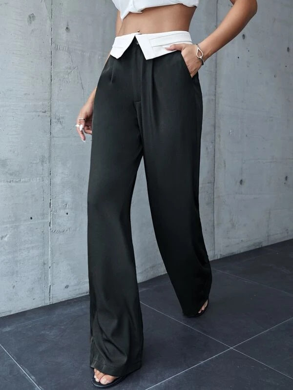 CM-BS502097 Women Casual Seoul Style Wide Leg Pleated Detail Colorblock Pants