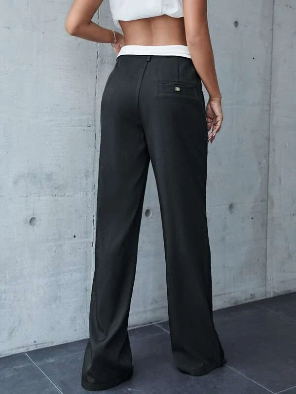 CM-BS502097 Women Casual Seoul Style Wide Leg Pleated Detail Colorblock Pants