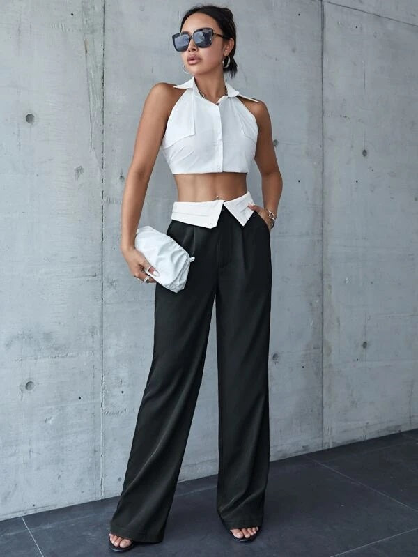 CM-BS502097 Women Casual Seoul Style Wide Leg Pleated Detail Colorblock Pants