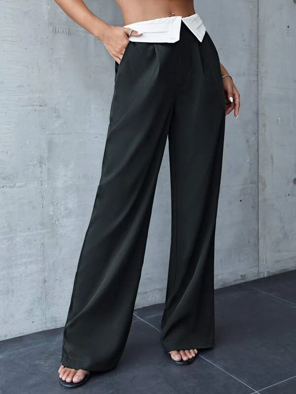 CM-BS502097 Women Casual Seoul Style Wide Leg Pleated Detail Colorblock Pants