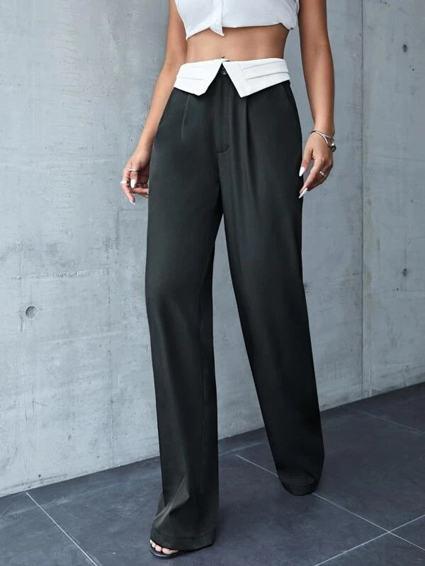 CM-BS502097 Women Casual Seoul Style Wide Leg Pleated Detail Colorblock Pants