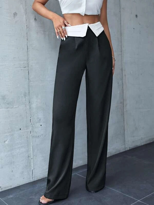 CM-BS502097 Women Casual Seoul Style Wide Leg Pleated Detail Colorblock Pants