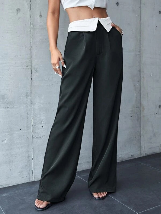 CM-BS502097 Women Casual Seoul Style Wide Leg Pleated Detail Colorblock Pants