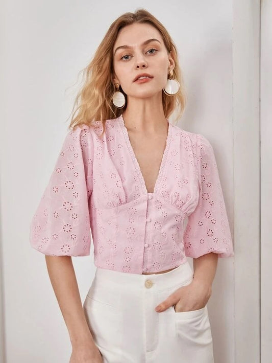 CM-TS191519 Women Elegant Seoul Style Button Front V-Neck Bishop Sleeve Blouse - Baby Pink