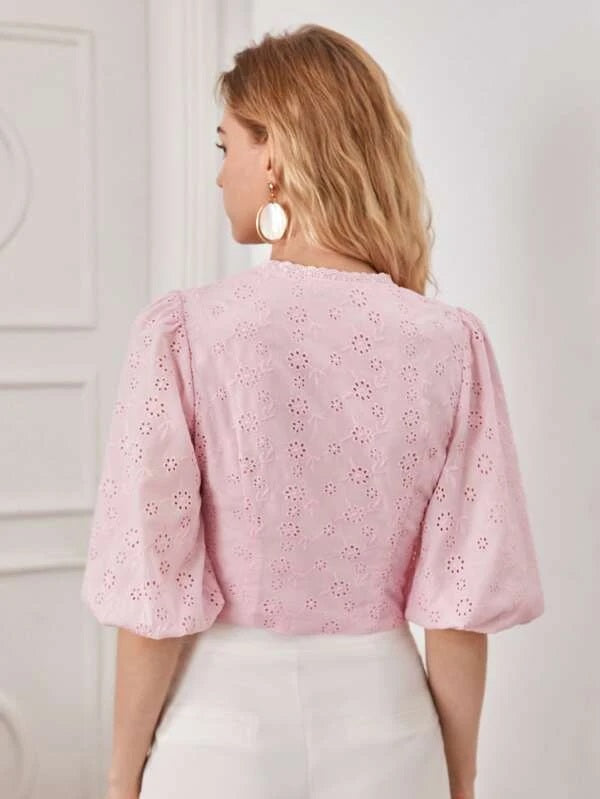 CM-TS191519 Women Elegant Seoul Style Button Front V-Neck Bishop Sleeve Blouse - Baby Pink