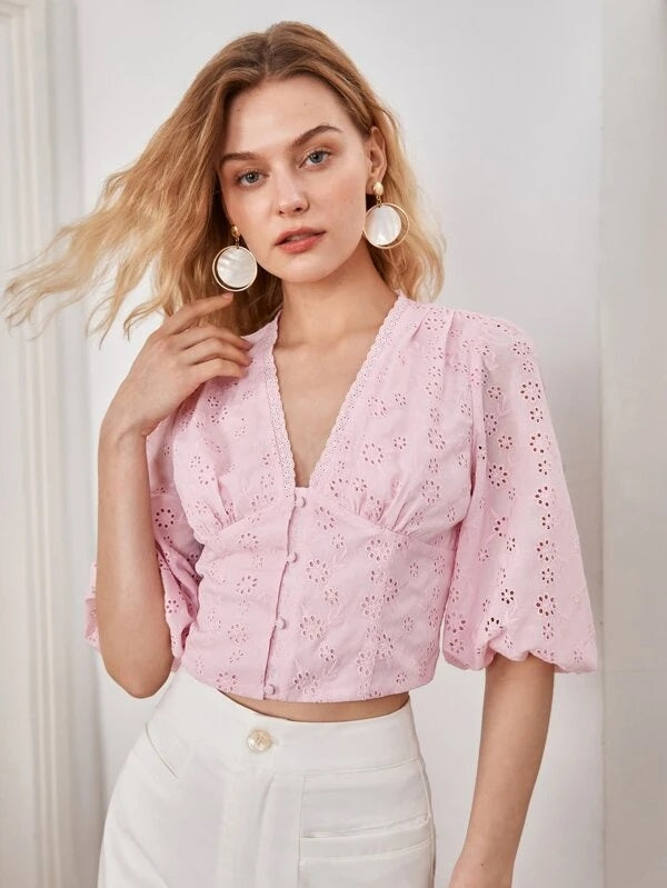 CM-TS191519 Women Elegant Seoul Style Button Front V-Neck Bishop Sleeve Blouse - Baby Pink