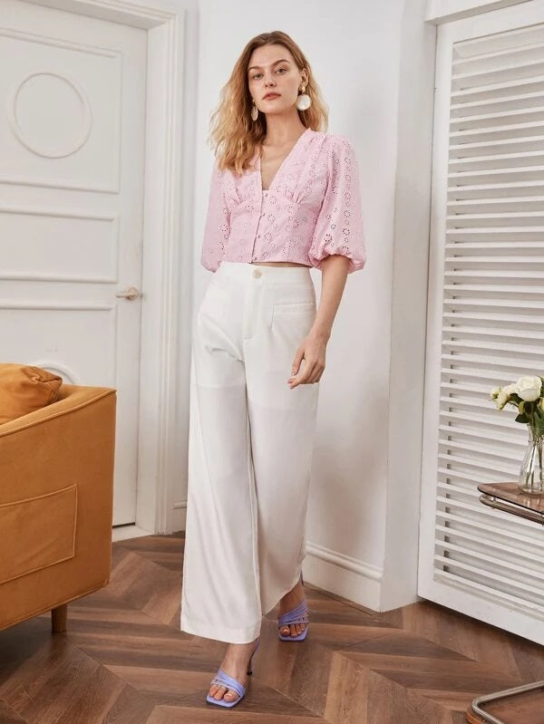 CM-TS191519 Women Elegant Seoul Style Button Front V-Neck Bishop Sleeve Blouse - Baby Pink
