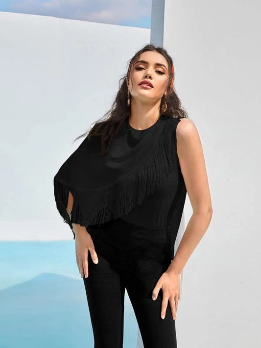 CM-TS339398 Women Casual Seoul Style Fringe Trim Asymmetrical Neck Blouse - Black
