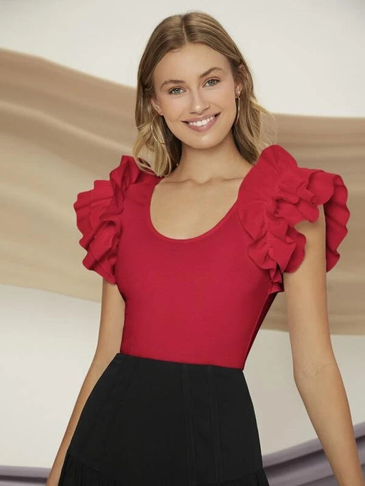 CM-TS585986 Women Casual Seoul Style Cap Sleeve Ruffle Trim Scoop Neck Tee - Red