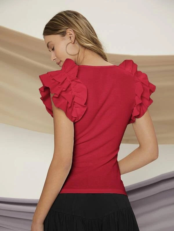 CM-TS585986 Women Casual Seoul Style Cap Sleeve Ruffle Trim Scoop Neck Tee - Red