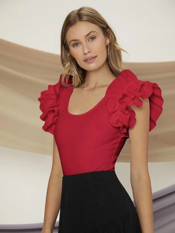 CM-TS585986 Women Casual Seoul Style Cap Sleeve Ruffle Trim Scoop Neck Tee - Red