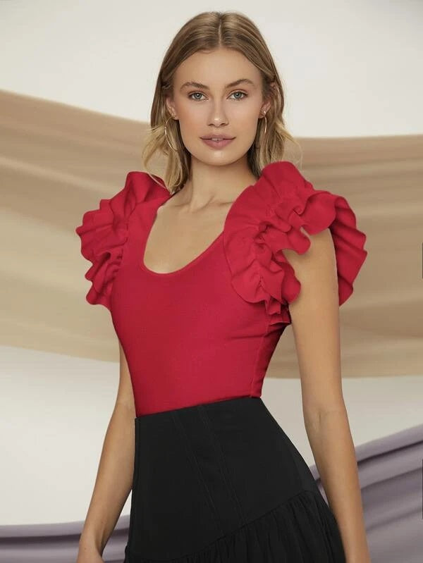CM-TS585986 Women Casual Seoul Style Cap Sleeve Ruffle Trim Scoop Neck Tee - Red
