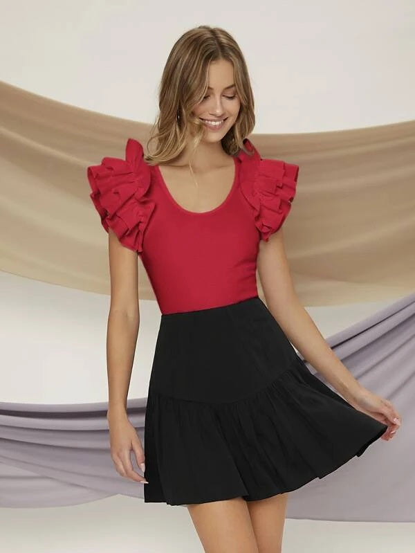CM-TS585986 Women Casual Seoul Style Cap Sleeve Ruffle Trim Scoop Neck Tee - Red