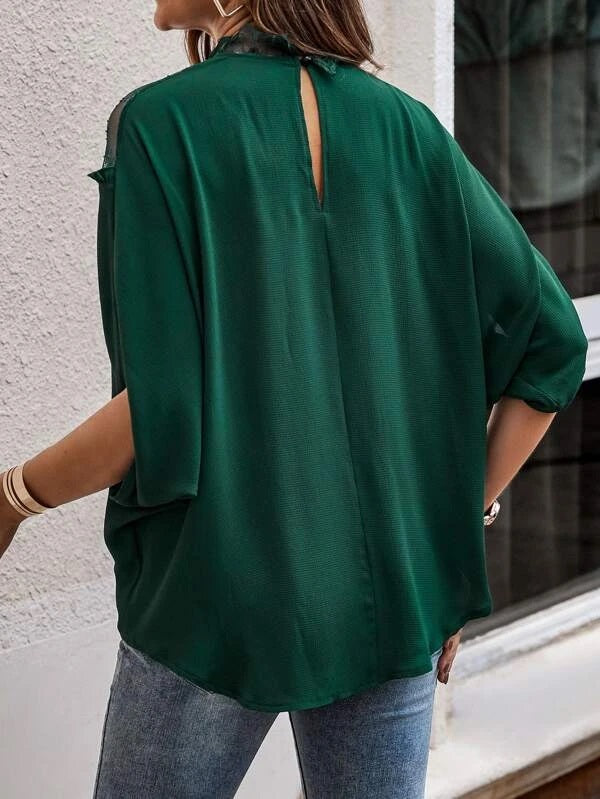 CM-TS649401 Women Elegant Seoul Style Contrast Lace Panel Batwing Sleeve Blouse - Dark Green