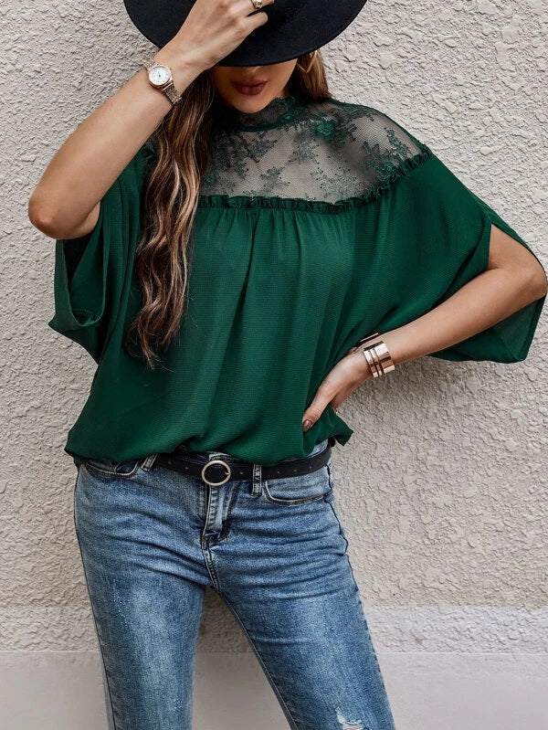CM-TS649401 Women Elegant Seoul Style Contrast Lace Panel Batwing Sleeve Blouse - Dark Green