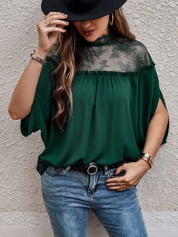 CM-TS649401 Women Elegant Seoul Style Contrast Lace Panel Batwing Sleeve Blouse - Dark Green