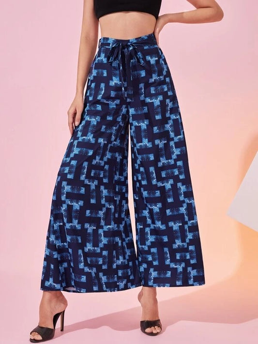 CM-BS104849 Women Casual Seoul Style High Waist Allover Print Belted Wide Leg Pants