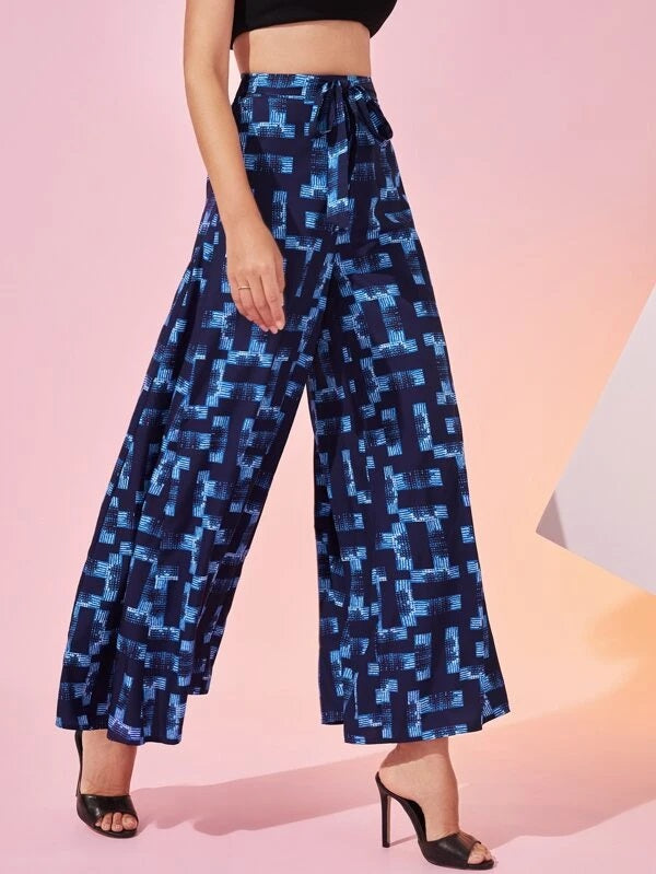 CM-BS104849 Women Casual Seoul Style High Waist Allover Print Belted Wide Leg Pants