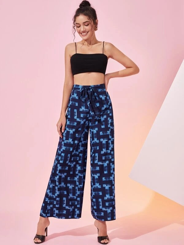 CM-BS104849 Women Casual Seoul Style High Waist Allover Print Belted Wide Leg Pants