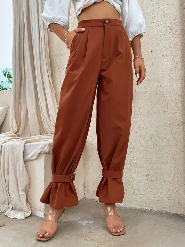 CM-BS941441 Women Casual Seoul Style High Waist Strap Hem Tapered Pants - Rust Brown