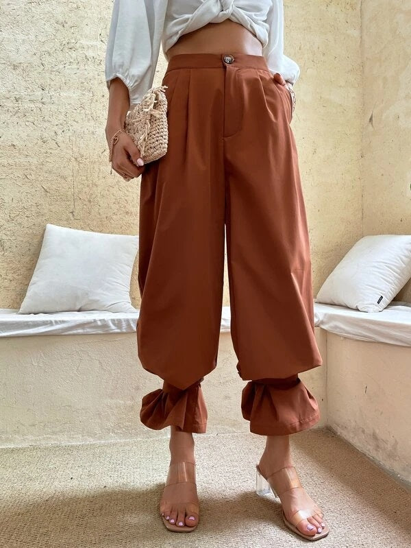 CM-BS941441 Women Casual Seoul Style High Waist Strap Hem Tapered Pants - Rust Brown