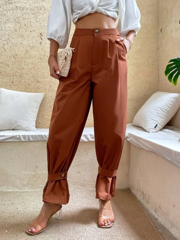 CM-BS941441 Women Casual Seoul Style High Waist Strap Hem Tapered Pants - Rust Brown