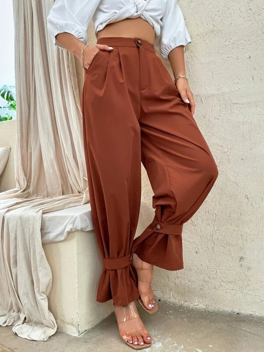 CM-BS941441 Women Casual Seoul Style High Waist Strap Hem Tapered Pants - Rust Brown