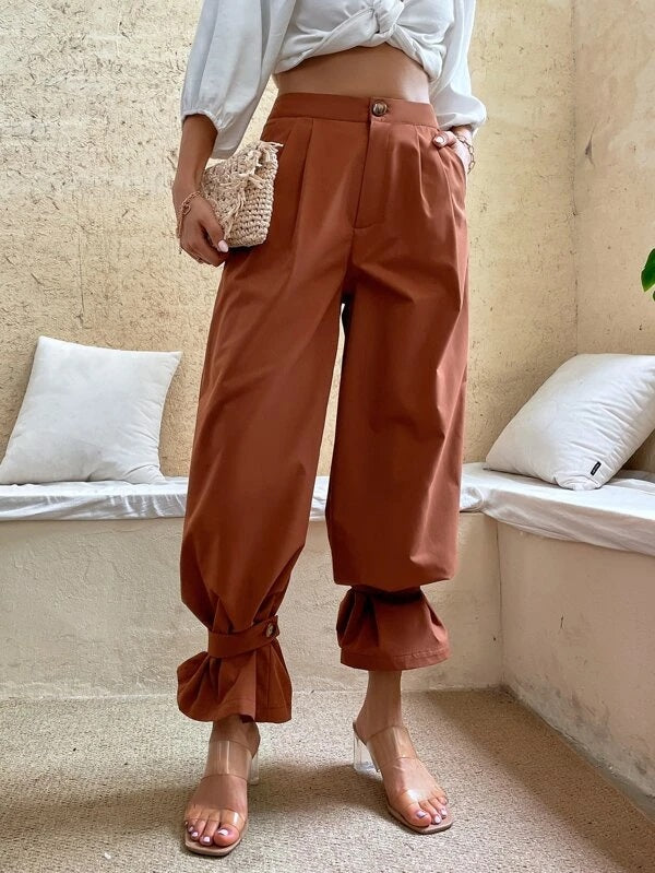 CM-BS941441 Women Casual Seoul Style High Waist Strap Hem Tapered Pants - Rust Brown