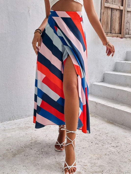 CM-BS861084 Women Trendy Bohemian Style High Waist Block Striped Wrap Skirt